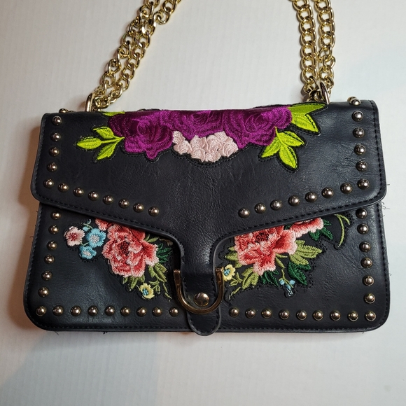 Kiss Me Couture Handbags - Kiss Me Coutre Gold Chains Flower Embroidery Gold Beaded Studs Shoulder Bag